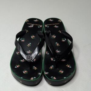 Tory Burch Black Floral Flip Flops with Green Trim